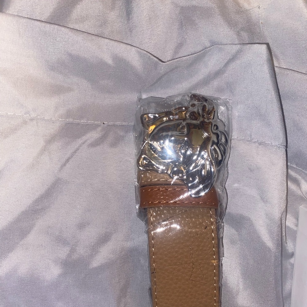Versace Tan Belt with Silver Medusa Buckle